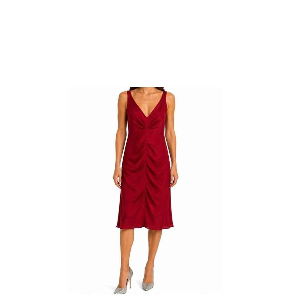 Nicole Miller Silk Dress Womens Size 0 Red Sleeveless Lined Ruche Cocktail Party